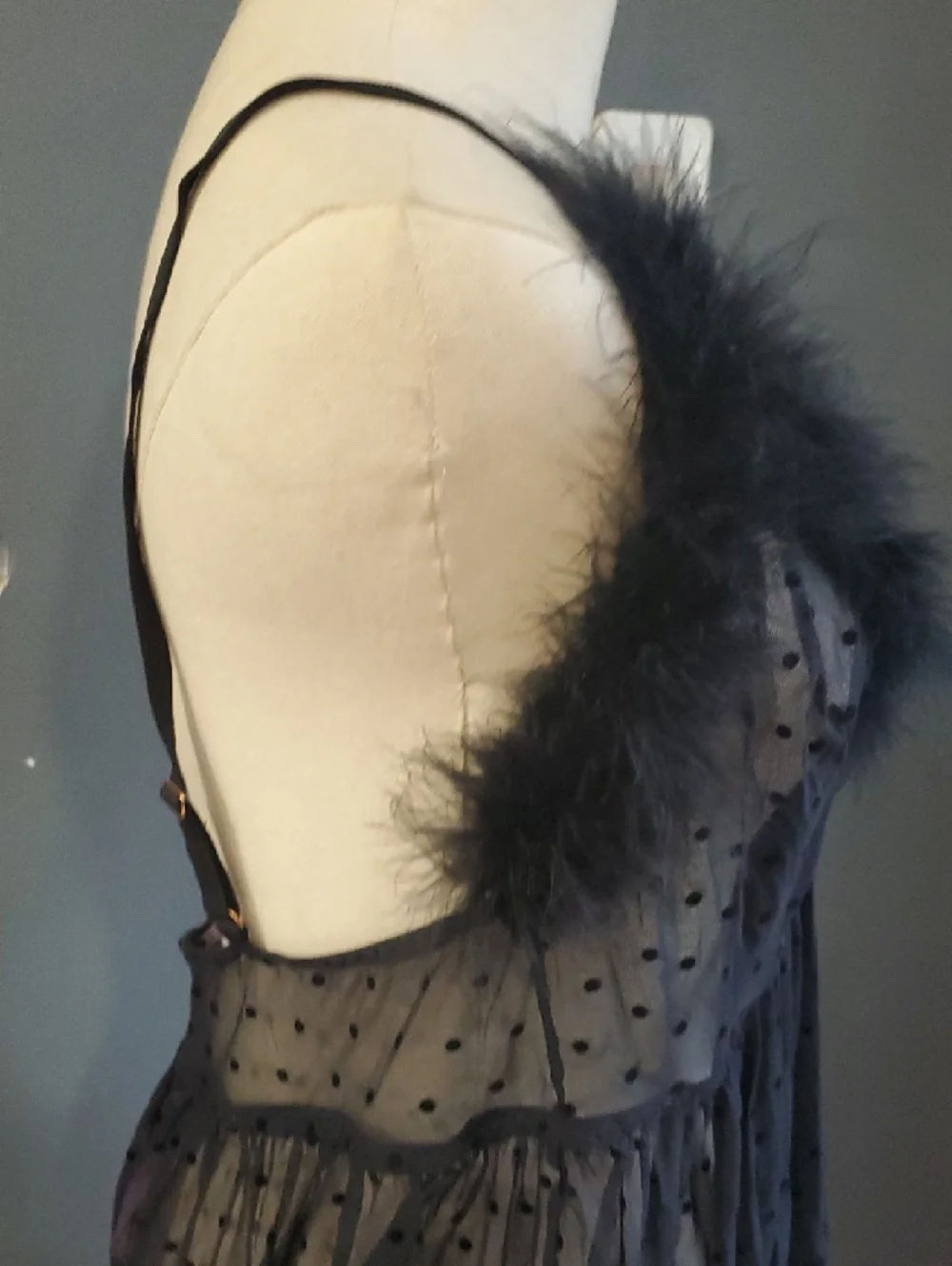 Nwt Savage X Fenty Black Sheer Polka Dot Marabou-Trim Chemise